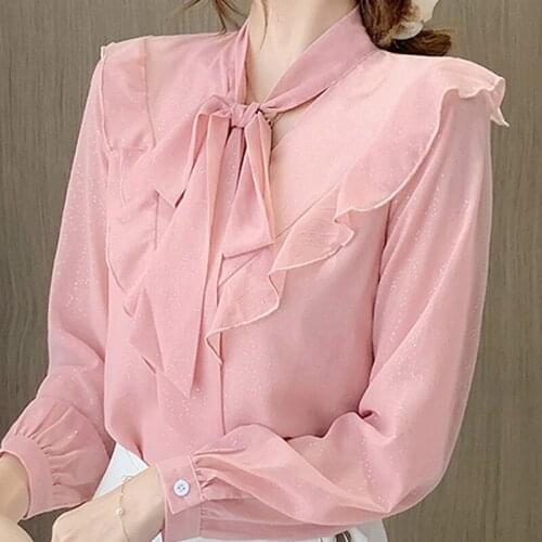 Blouse Women Blusas Mujer De Moda 2021 Ruffles V-neck Pink Chiffon Blouse Shirt Long Sleeve Women Blouses Shirts Tops Blusa D494