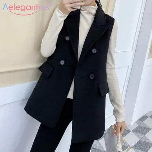 Aelegantmis Office Lady Vest Blazer Women 2021 New Fashion Loose Sleeveless Jacket Female Plus Size Suit Waistcoat Coat Work OL