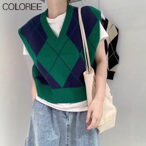 Argyle Sweater Vest Women Green Black Sleeveless Plaid Knitted Crop Sweaters Casual Autumn Preppy Style 2021 Tops V Neck Vintage