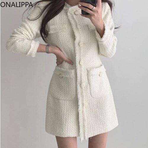 ONALIPPA Women Dress 2021 Autumn French Elegant Round Neck Fringe Design Single-Breasted Waist Pocket Long Sleeve Tweed Vestidos