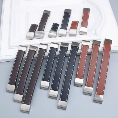 1PC Leather Pull Handle Europe Style Black Soft Minimalist Door Cupboard Drawer Kitchen Cabinet Dresser Knobs Furniture Hardware