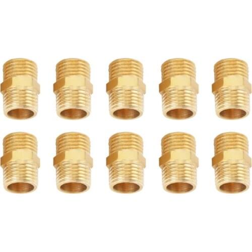 10Pcs Hex Nipple 1/4 BSP to 1/4 BSP External Thread Brass Pipe Hex Nipple Fitting Quick Adapter