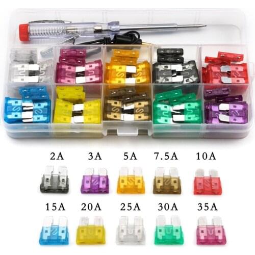100pcs Assorted Auto Car Low Profile Medium Size Blade Fuses 2A/3A/5A/7.5A/10A/15A/20A/25A/30A/35A With Test Pen Plug Glass Fuse