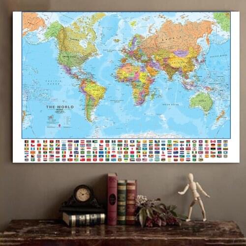 140*100cm The World Political Map with National Flags Large Non-woven Canvas Painting Wall Art Poster Home Decor School Supplies