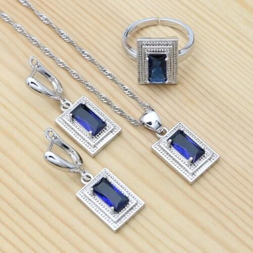 925 Silver Bridal Jewelry Set Sapphire Earrings Open Ring Pendant Necklace for Women Wedding Square Jewelry