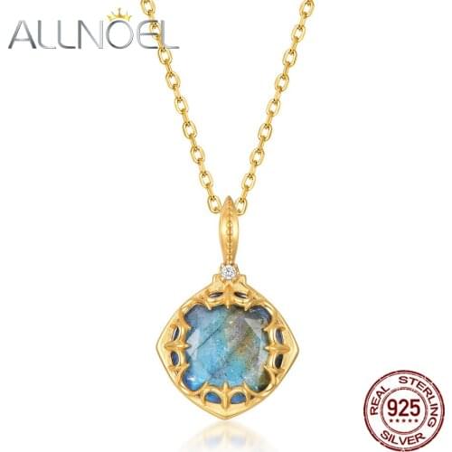 ALLNOEL 925 Sterling Silver Pendant Necklace Double Side Stone Labradorite Blue Agate Fashion Popular Vintage Style 2020 New