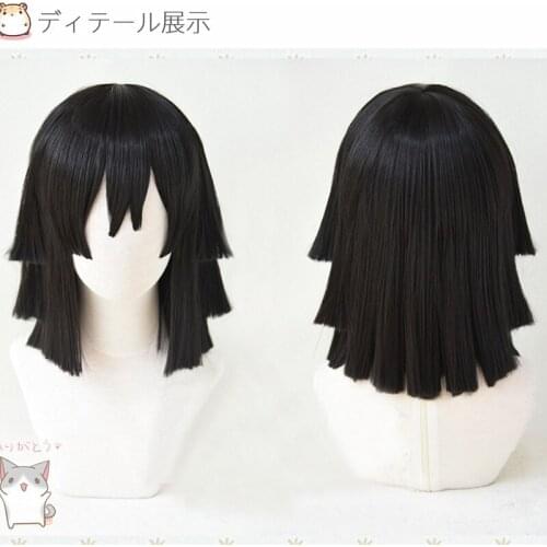 Anime Demon Slayer: Kimetsu no Yaiba Iguro Obanai Cosplay Wigs Black Heat Resistant Synthetic Hair Wig + Wig Cap