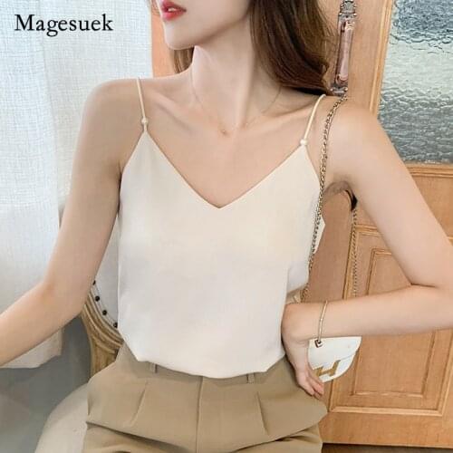 Satin Summer Fashion Temperament Tops for Women V-neck Shoulder Straps Pearl Sling Blouse Elegant Silk Loose Shirt Blusa 15856