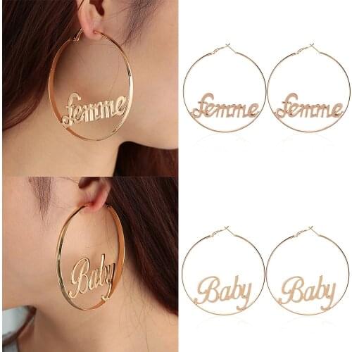 2019 New1 Pair Big Hoop Earrings Sexy Ear Accessories Hyperbole Big Circle Femme Baby Letter Gold Color Large Earrings