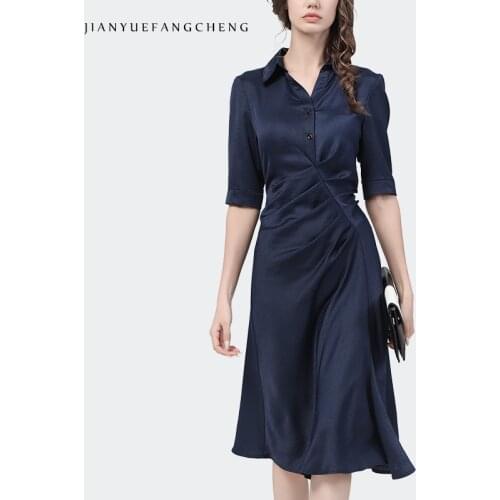 Elegant Ladylike 2021 Summer Shirt Dress Women Mid-Length High Waist A-Line Slim Short Sleeve Blue Plus Size S-4XL Maxi Dresses