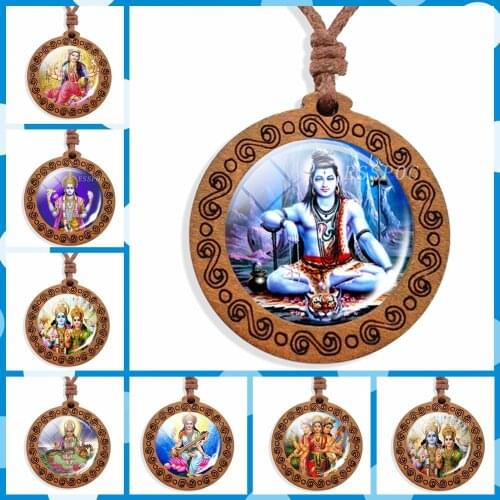 Ethnic Pendant Wooden Necklace India Bridal Jewelry Accessories Glass Cabochon Divinity Art Picture Necklaces for Women Jewellry