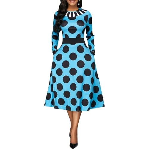 Hot Vintage Dresses Women Autumn Long Sleeve O Neck Polka Dot Print Large Swing Party Midi woman Dress fall женское платье