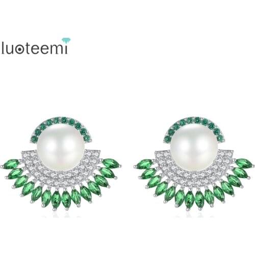 LUOTEEMI Aristocratic Imitation Pearl Semi-circular Stud Earrings Inlaid Cubic Zirconia Clear Green CZ Stones for Women Brincos