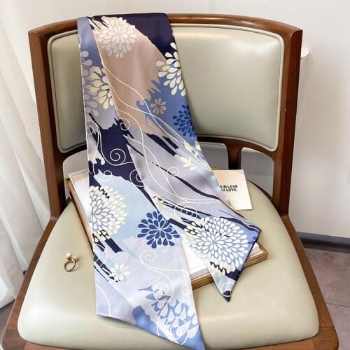 Fashion Ribbon Silk Scarf Women Aztec Floral Neck Long Thin Scarves Lady Ombre Shawls Bandana Hijab Bag Dress Scarves 150*18Cm
