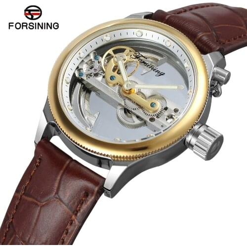 FORSINING Mens New Arrival Luxury Automatic Movement Popular Unique Style Genuine Leather Strap Skeleton Wristwatch FSG9418M3S9