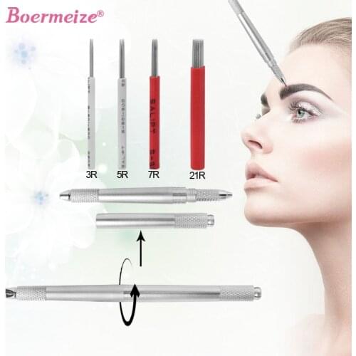 Tattoo Manual Pen Kit with 80Pcs Round Needles 3/5/7/21R Microblading Needles Fog Eyebrow Permanent Makeup Tattoo Blades Set