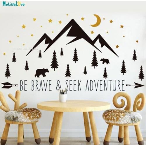 Large Size Mountains Wall Sticker Custom Two Colors Be Brave Seek Adventure Nursery Kids Room Moon Stars Forest Murals YT4474