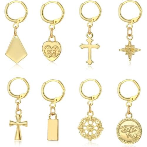 Dayoff New Gold Color Cross Heart Hoop Earrrings For Women Geometric Round Rhombus Earing Jewelry Small Evil Eye Earrings E318