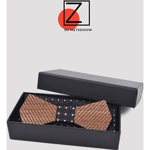 New arrival Fashion Handmade Wood Bow ties Bowtie Butterfly Gravata Strip Ties For Men Cufflinks Handkerchief Set Cadeau Homme