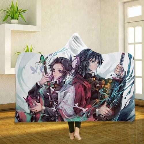 Anime Demon Slayer 3D Printing Throw Hooded Blanket Wearable Warm Fleece Bedding Office Quilts Soft Adults Travel 09