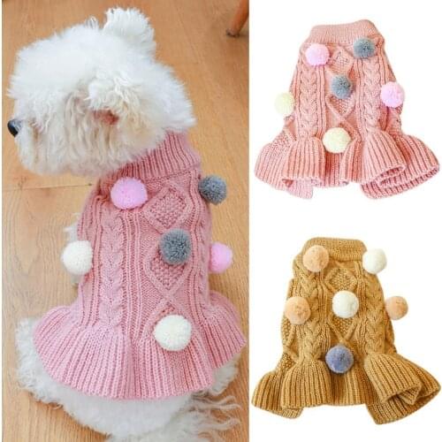 Puppy Dog Clothes Knitted Sweater Dress Cute Turtleneck Dog Sweaters Dress With Pompom Warm Pet Cat Puppy Small Dog Clothing