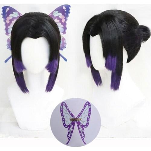 Demon Slayer Kochou Shinobu Cosplay Wig With Butterfly hairpin Anime Kimetsu no Yaiba Heat Resistant Hair Cosplay Wigs + Wig Cap