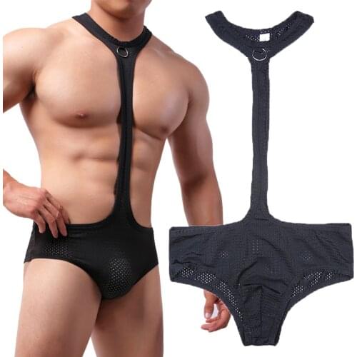 Sexy Mesh Undershirts Leotard Men Halter Bodysuit Wrestling Singlet Black Jumpsuits Mankini Jock Strap Underwear Thongs Bikini