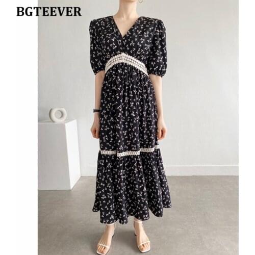 BGTEEVER Elegant V-neck Lace Women Floral Long Dress 2021 Summer Puff Short Sleeve Female A-line Dress Casual Ladies Vestidos