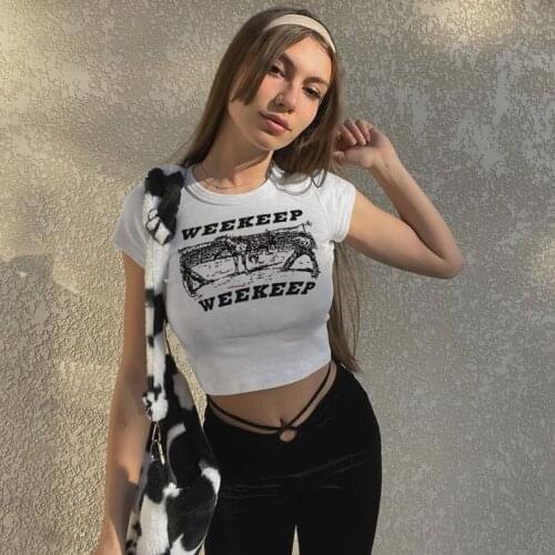 Casual Women Letter Print Short Sleeve Crop Top New Summer Sexy Skinny T shirt Female Streetwear Tee Tops Aesthetic Cothes