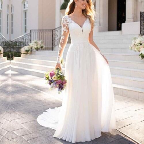 Full Sleeves Long Chiffon Wedding Dress A Line 2021 Sexy Deep V Neck Backless Boho Beach Bridal Dresses Lace Bride Formal Gowns