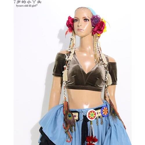 Belly Dance Velvet Fat Chance Tribal Choli Costume Short Drop Sleeve Top CJJ10