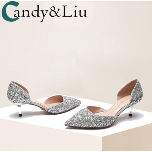 Womens Pointed-Toe Thin Heeled Sequined Silver Color Model Catwalk Shoes Side Cutouts Wedding Shoes with 5cm Single Shoes Women