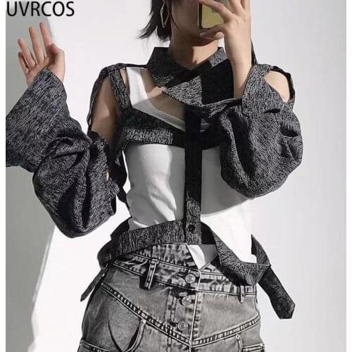 UVRCOS 2021 Fashion Autumn Clothes Women Streetwear Women Cut Out Patchwork Turn-Down Collar Solid High Street Long Sleeve Tops