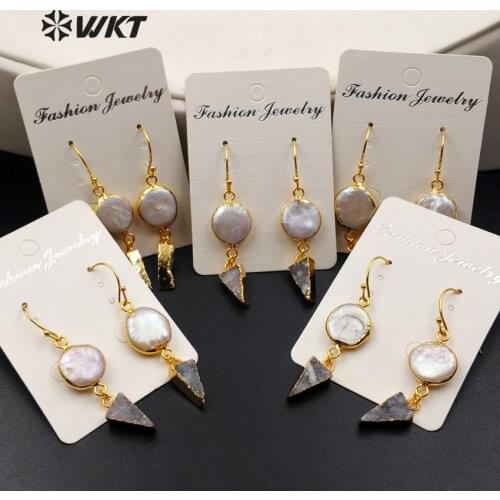 WT-E340 Wholesale Natural Freshwater Pearls And Druzy Earrings High Quality 24K Gold Electroplate Women Earrings Jewelry