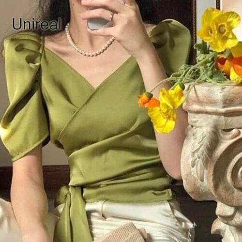 Unireal 2021 Summer Women Satin Blouse Shirt Short Sleeve Elegant Female Blouse Sexy Vintage Tops