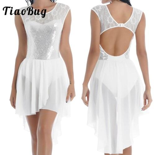 Women Shinny Sequin Figure Skating Dance Lyrical Dresses Sleeveless Gymnastics Ballet Tutu Leotard Dress Stage Dancewear