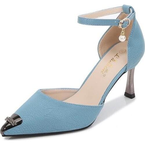 Hot Sales 2020 Summer Style Sexy Women Sandals Pointed Toe Flock 6CM 8CM Thin High Heels Buckle Strap Shallow Metal decoration