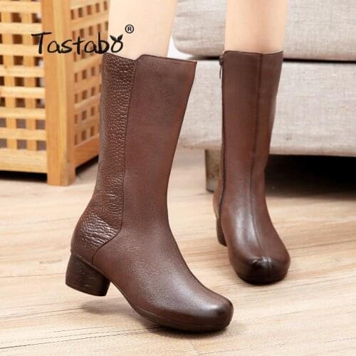 Fashion New Mid-Calf Boots Women Pure Color Round Toe Zipper Boots Square Heels Vintage Women Ladies Boots Shoes A80502