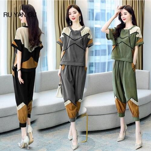 Female Suit Summer Pantsuits Womens Clothing Set Casual Fashion Two Pieces Clothes Tops Us 2021 Patchwork Loose Pants Suits
