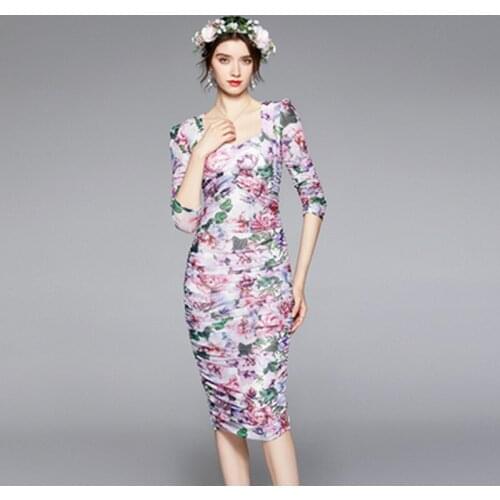 2021 Summer Flower Printed Pleated Bodycon Dress Runway Women Elegant Puff Sleeve High Elastic Waist Draped Mesh Dress