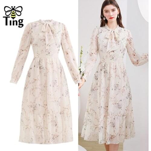 Tingfly Vintage Elegant Floral Print Bowknot Collar Summer Chiffon Dress Retro Lady Office Work Dress Vestidos Women Clothes Za