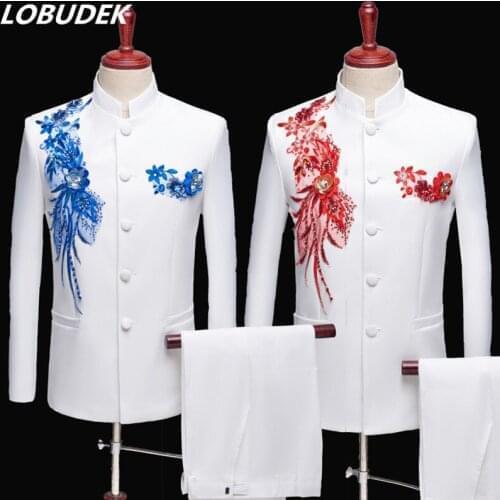 Applique Embroidered Blazers Stand Collar Mens Suit Chinese Tunic Suit Male Singer Performance Stage Wear (Jacket+Pants) S-3XL