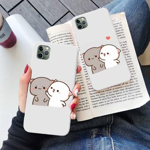 Jemy Peach Cat Cartoon Phone Case White Candy Color for iPhone 6 7 8 11 12 s mini pro X XS XR MAX Plus