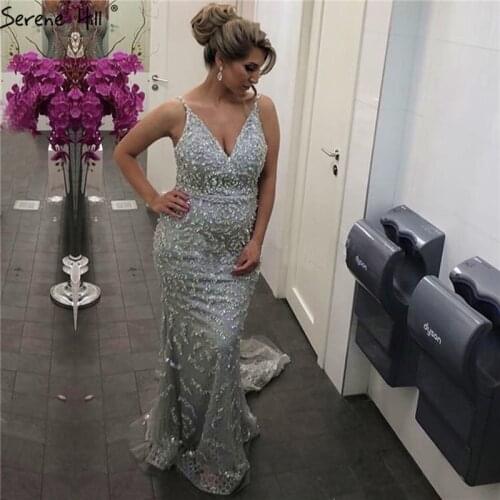 Dubai Grey Sexy Mermaid Evening Dresses 2020 Pearls Beading Luxury Sleeveless Evening Gowns Real Photo LA60729
