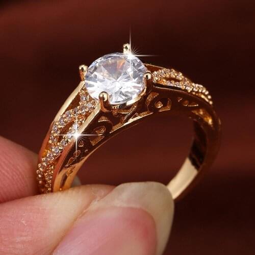 Lingmei Elegant Exquisite RoundWhite Zircon Yellow GoldWedding Rings for Women Fashion Gorgeous Ring Size 6-10