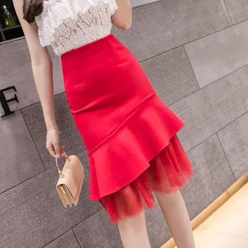 Elegant Korean Style Women Office Formal Mermaid Skirt Spring Mesh Patchwork High Waist Skirt Plus Size 5Xl Black OL Skirts
