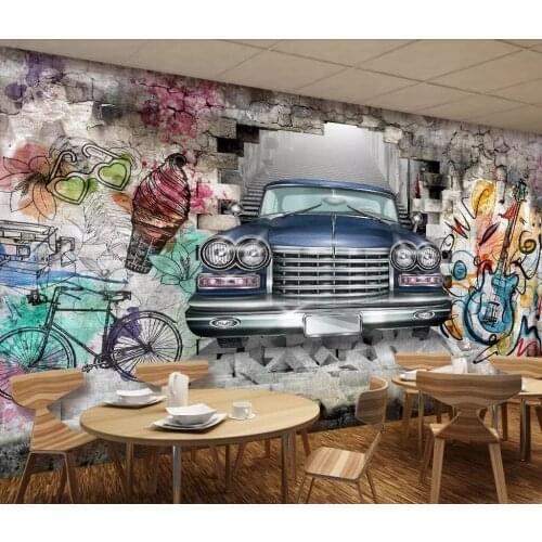 Beibehang Custom photo 3d wallpaper mural classic car hand-painted graffiti wall 3D stereo restaurant bar background wall