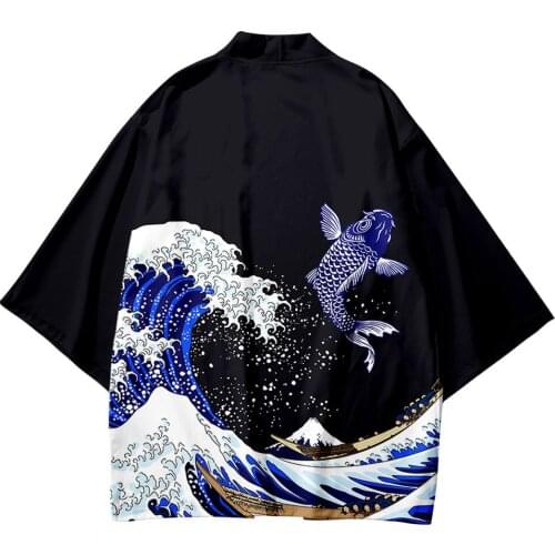 Wave Crap Printed Kimono Cardigan Men Japanese Traditional Casual Loose Thin Set Coat Pants Asian Clothes Harajuku