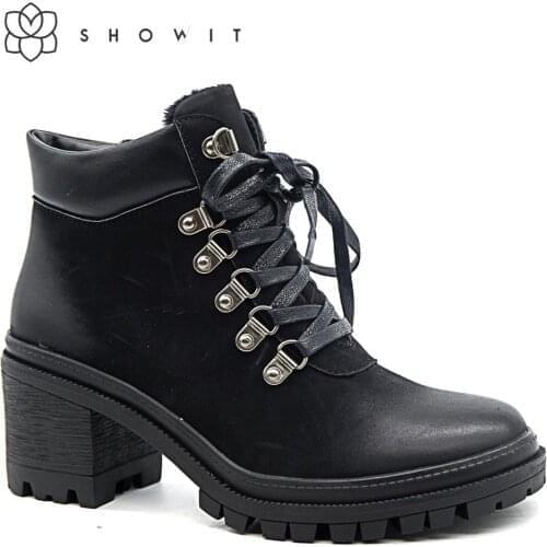 Classic winter womens ankle boots High-quality female corporate shoes with European-style lace faux leather autumn lady‘s boots