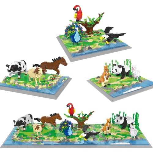 1950pcs+ Animal Zoo Building Blocks Panda Kangaroo Parrot Eagle Horse Cow Sheep Educational Mini Bricks Toy for Kid Gift